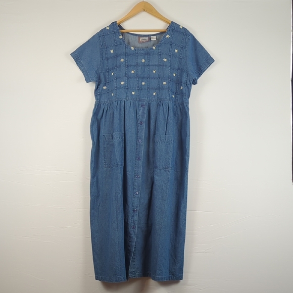Vintage 90s Premier Blue Denim Embroidered Daisy Flower Button Front Dress l XL - Picture 1 of 9